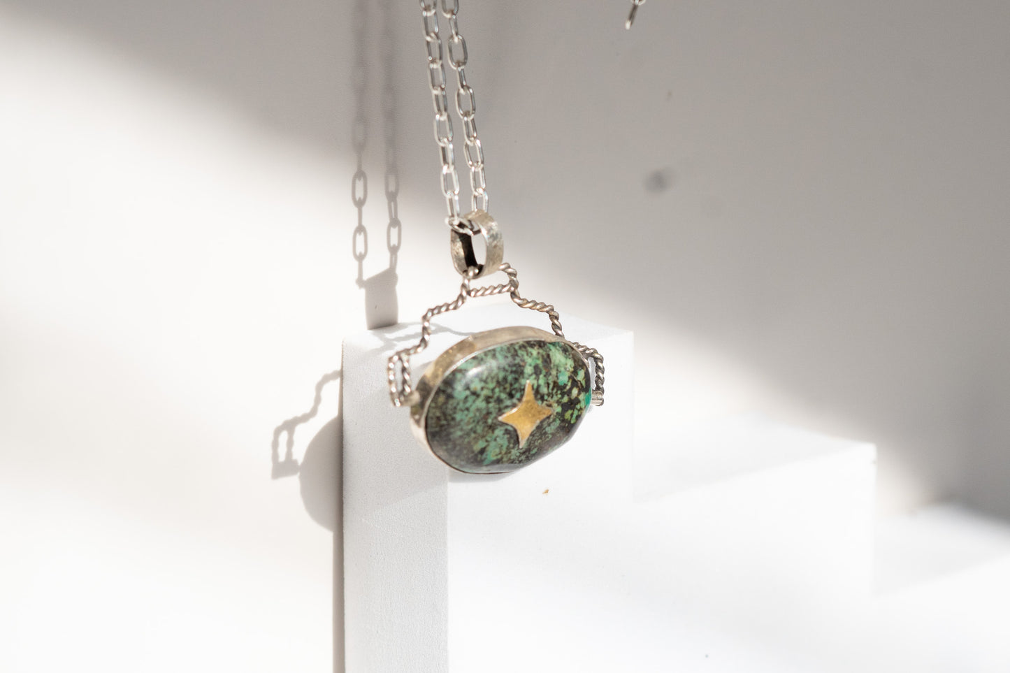 COMPASS STERLING SILVER, 24KT GOLD + AFRICAN TURQUOISE FLIP NECKLACE