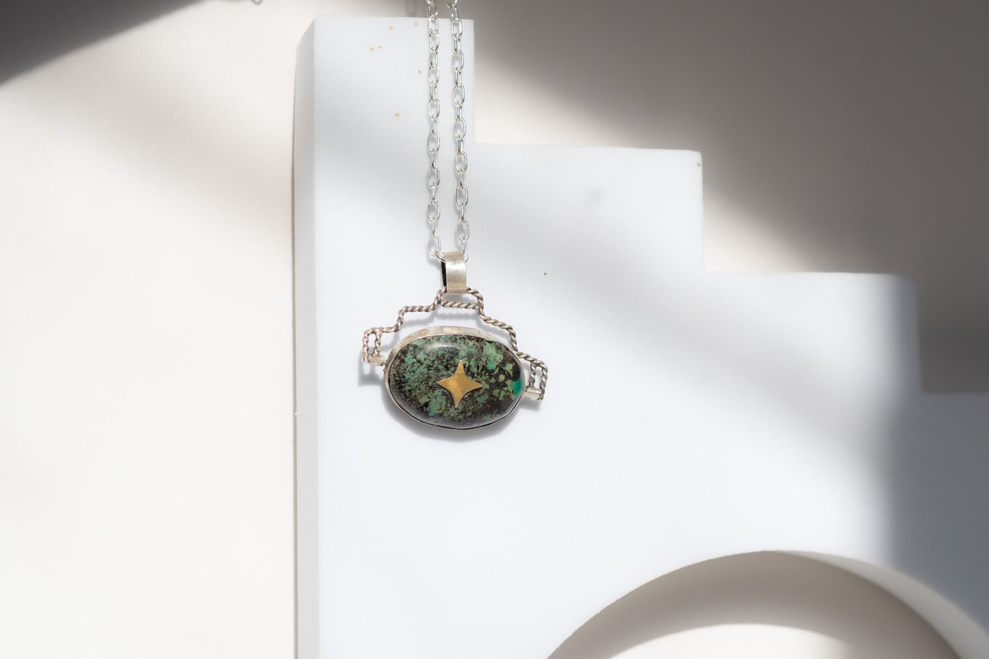 COMPASS STERLING SILVER, 24KT GOLD + AFRICAN TURQUOISE FLIP NECKLACE