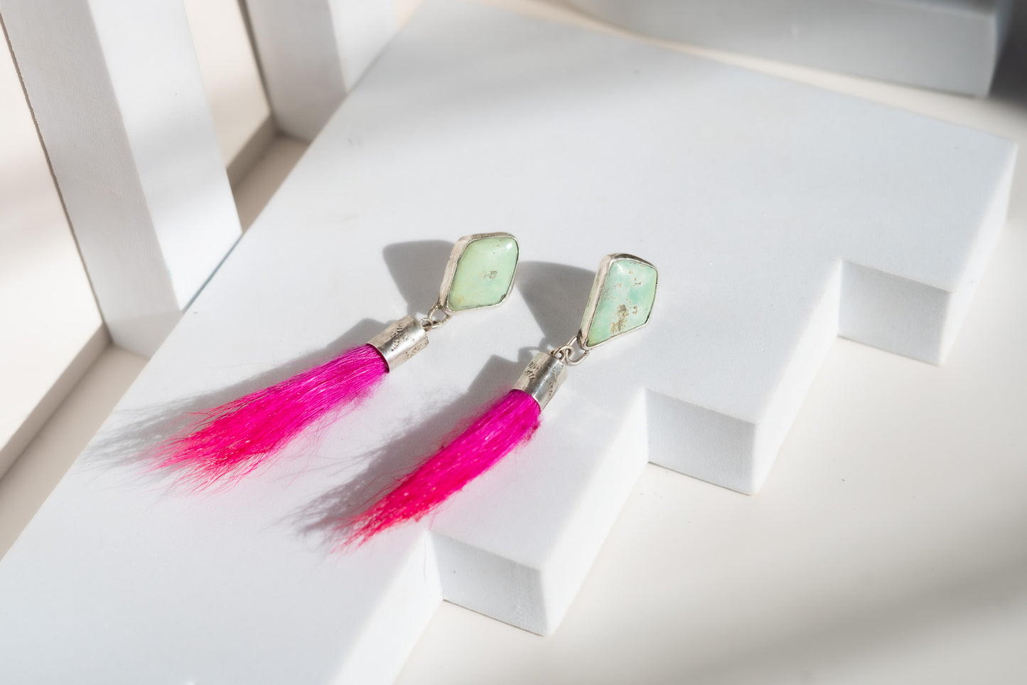 SMOKE SIGNALS ROYSTON TURQUOISE, STERLING SILVER + PINK GOAT HAIR EARRINGS