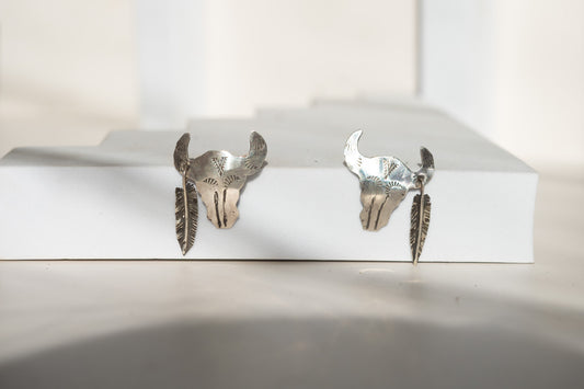 ROAM STERLING SILVER BISON + FEATHER EARRINGS