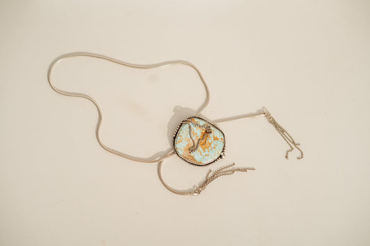 LONGHORN + ROYSTON TURQUOISE STERLING SILVER AND 24CT GOLD BOLO NECKLACE